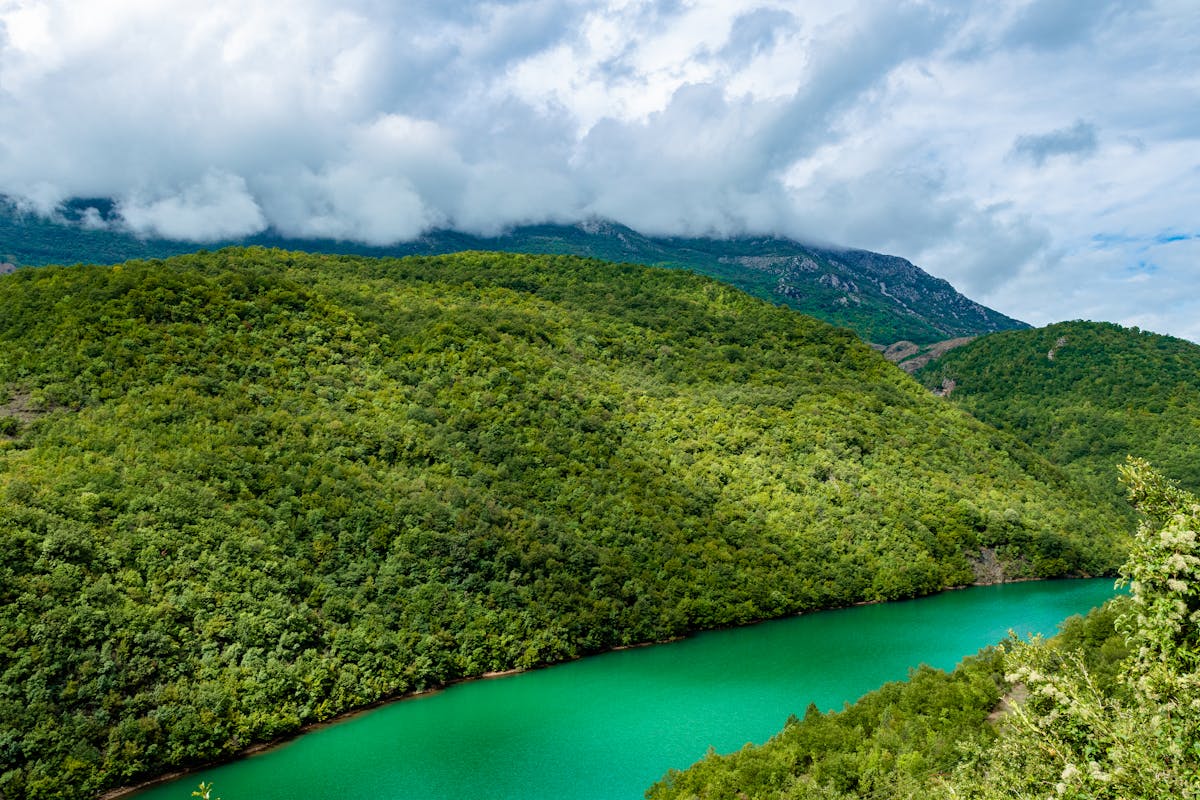 Lake Krupac swimming area near Nikšić with mountain backdrop